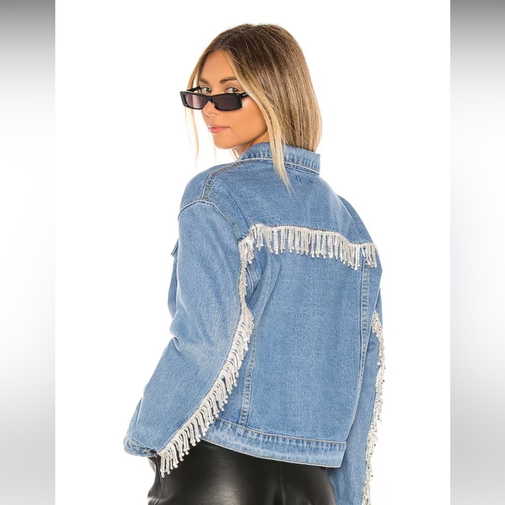 Superdown Revolve Raya Rhinestone Fringe Jacket in Light Blue Wash size large